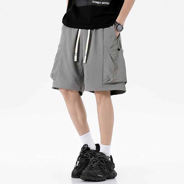 Summer American Simple Solid Color Workwear Style Drawstring Shorts For Trendy Men's Street Loose Five Quarter Pants_viptrois.com