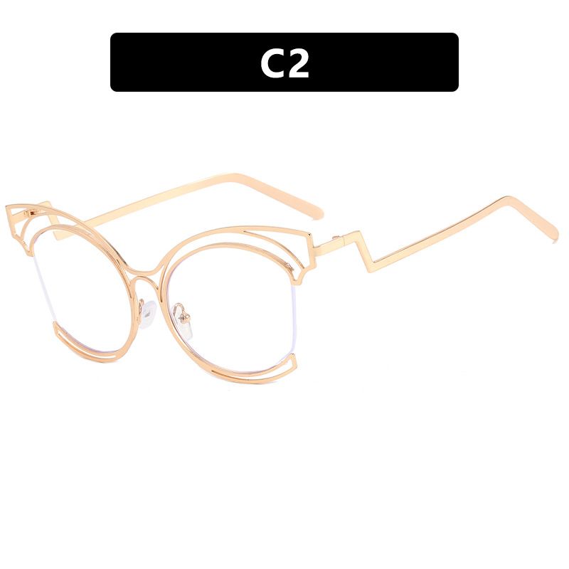 Women's Eyeglasses Folding Curved Leg Cat Eye Large Frame Hollow Flat Glasses New Metal Glasses Frame Ins Concave Shape Anti Blue Light_viptrois.com