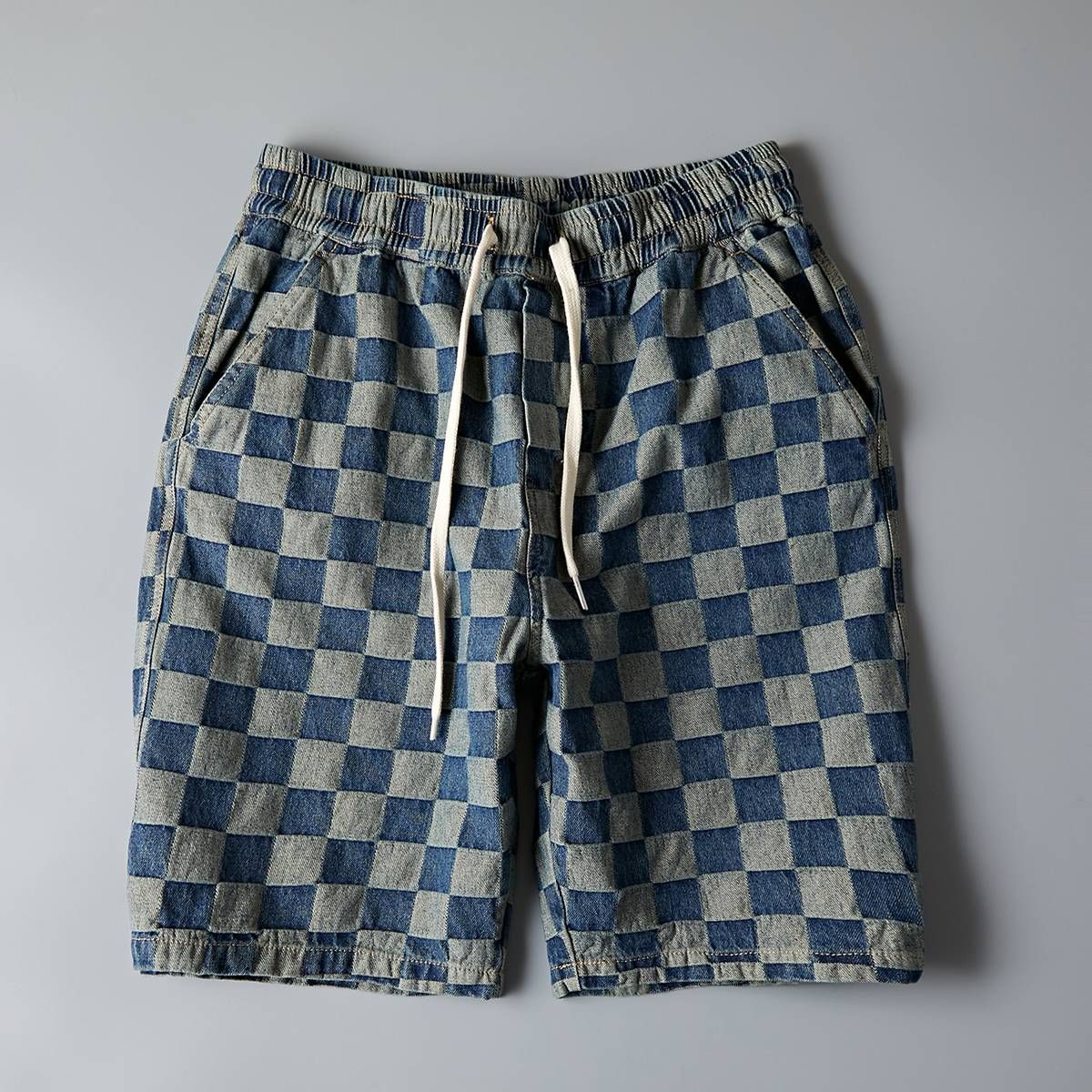 Men's Clothing Washed Denim Shorts Youth Trendy Mid Length Pants Loose Beach Plaid Shorts Men_viptrois.com