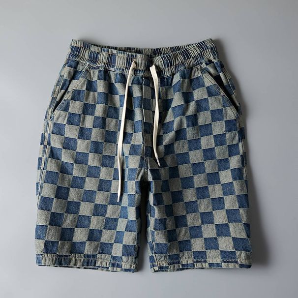 Men's Clothing Washed Denim Shorts Youth Trendy Mid Length Pants Loose Beach Plaid Shorts Men_viptrois.com