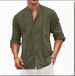 Men's Cotton Linen Short Sleeve Shirt - Breathable Summer Casual Shirt For Beach Vacation, Relaxed Fit Stand Collar Button Up Shirt_viptrois.com
