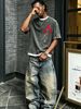 230g Vintage Washed Men Casual Tee Red Ace A Inside Club Symbol Logo Print Short Sleeve Loose Daily Street T-Shirt_viptrois.com
