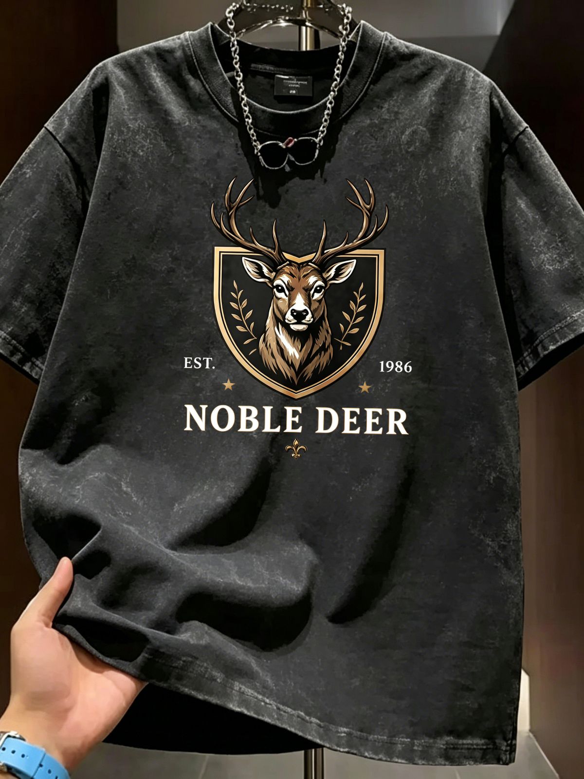 Summer Washed Cotton T-Shirt, Men's Noble Deer 1986 Shield Crest Print, Luxury Vintage Style, Casual Oversized Tee_viptrois.com
