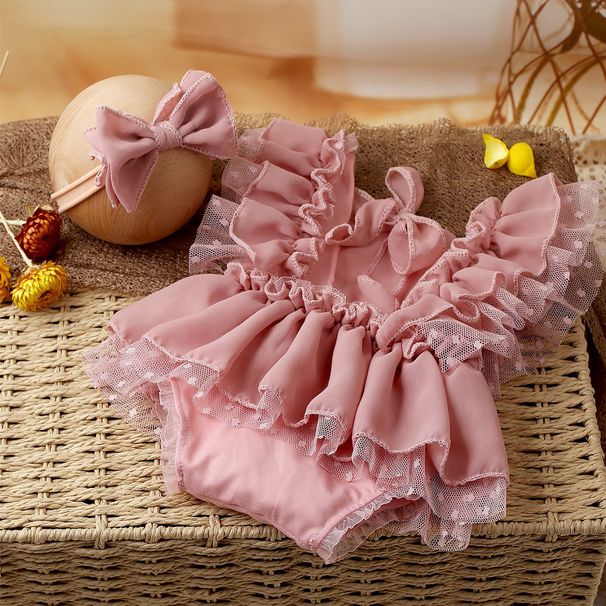Ylsteed 2 Pieces Set Dusty Pink Chiffon Newborn Romper with Bow Hairband Dot Lace Baby Photography Outfits_viptrois.com