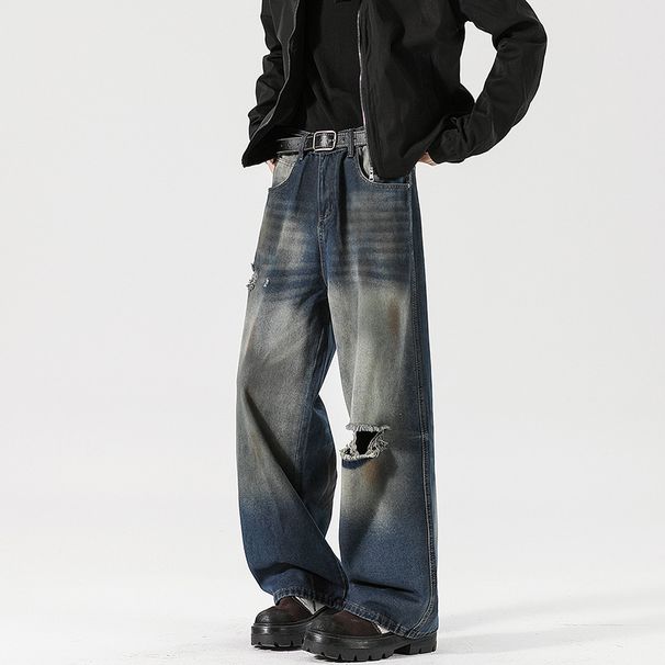 LKTM Men's Wear # Washed Pierced Jeans For Men And Women's Trendy High Street Dirty Straight Down Pants Ab6_viptrois.com