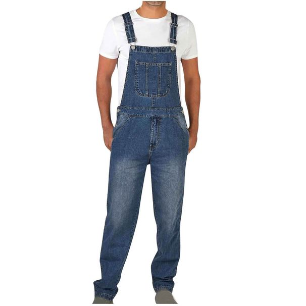 American Retro Design Denim Overalls Men's Straight Leg Loose Workwear Jumpsuit_viptrois.com