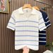 Men's Clothing Men's Collared Knit Sweater Short Sleeved Cool Stylish Hollowed Out Breathable Striped Heavyweight Style Top_viptrois.com
