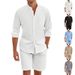 Men's Linen Suit Summer Style Button Down Collar Long Sleeved Shirt Casual Loose Fit Beach Sports Shorts Set_viptrois.com