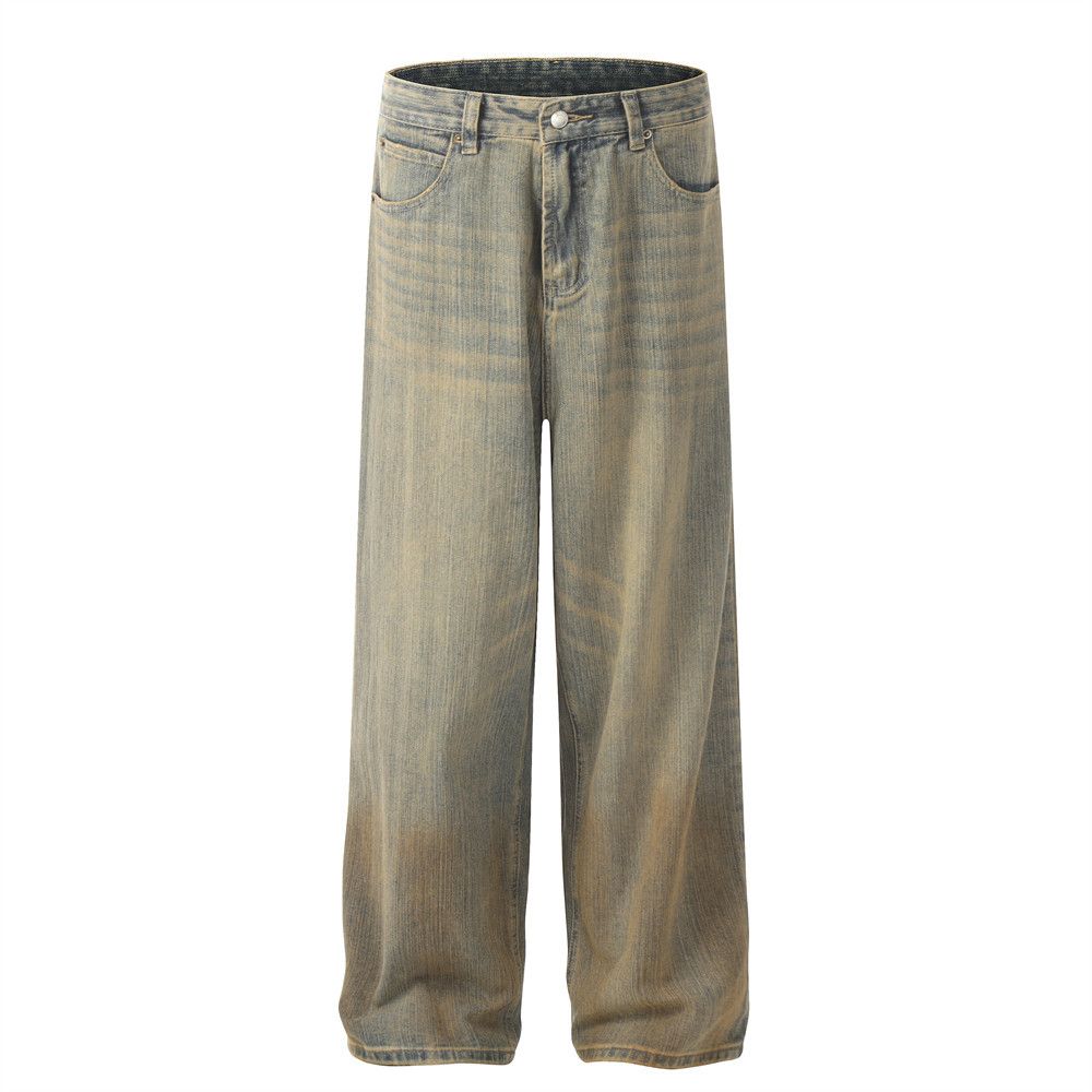 Waste Land Tie-Dye Vintage Dirty Jeans For Men Street Style Punk Washed Gradient Loose Straight Long Pants_viptrois.com