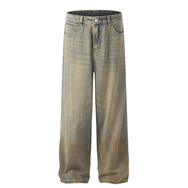 Waste Land Tie-Dye Vintage Dirty Jeans For Men Street Style Punk Washed Gradient Loose Straight Long Pants_viptrois.com