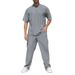 "Men's Waffle Knit Short Sleeve Set – Breathable Loose Fit Crew Neck T-Shirt & Casual Pants (Black/Grey/Khaki/Green, Sizes S-XXXL)"_viptrois.com