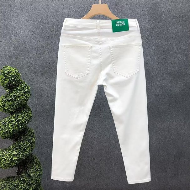 High-Quality Solid Color Jeans For Men, Trendy Slim Fit Cropped Pants, Men's Stylish White Casual Pants_viptrois.com