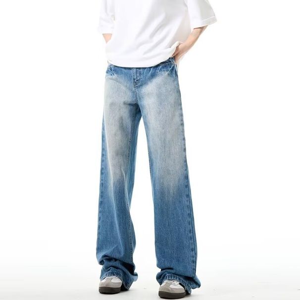 Men's Clothing Light Blue Washed Jeans Men's Cleanfit Design Wide Leg Straight Loose Long Pants_viptrois.com