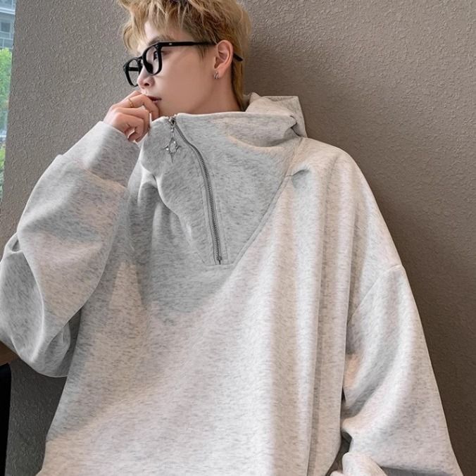 New Half High Collar Zipper Hoodie for Men, Spring and Autumn Vintage High end Trendy Brand Loose Hoodie_viptrois.com