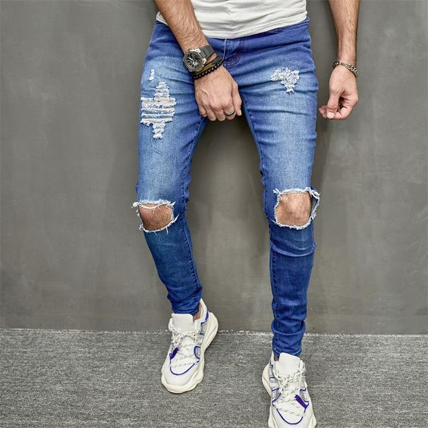 2023 New European And American Style Men's Distressed Skinny Jeans With Slight Stretch Selfie Photo_viptrois.com