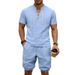 Men's Summer Linen Shorts Set Trendy Casual Loose Fitting Drawstring Stand Collar Short Sleeved Breathable European American Style_viptrois.com