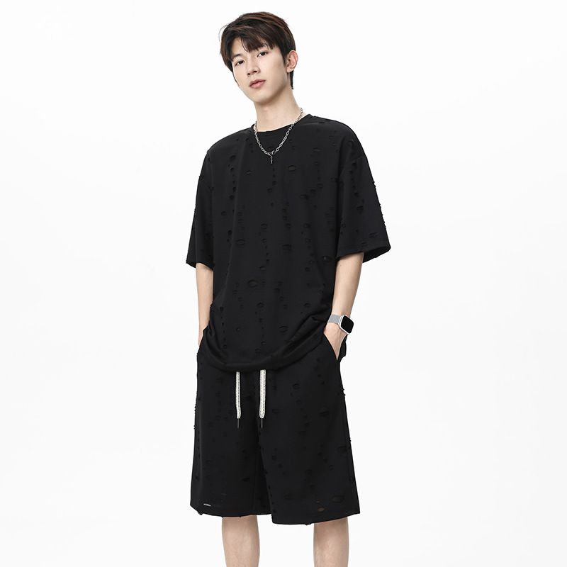 Men's Clothing Men's Ripped Summer Sports Set Thin Casual Trendy Short Sleeved Shorts With Cool Stylish Design_viptrois.com