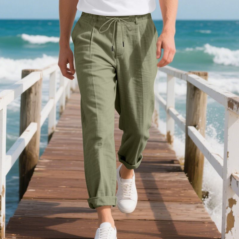Men's Linen Casual Trousers Summer Loose Straight Leg Wide Leg Naples Gurkha Pants_viptrois.com