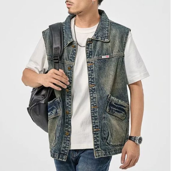 Retro And Nostalgic Denim Jacket For Men, Loose And Trendy Blouse For Men, Workwear-style Vest, Coat_viptrois.com