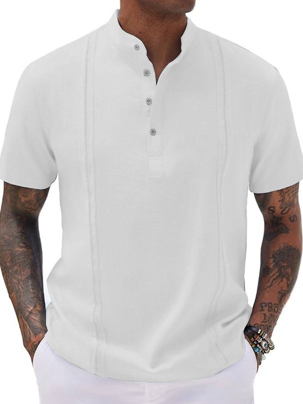 2025 European And American Men's Semi-cardigan T-shirt Summer Striped Short-sleeved Casual Business Top_viptrois.com