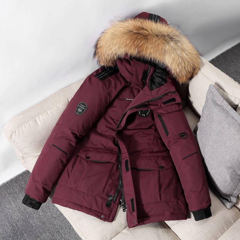 Men's Clothing Detachable Hood Thickened Winter Down Jacket With Large Fur Collar, Oversized Loose Fit, Warm Parka For Youth, Black/Burgundy/Beige_viptrois.com