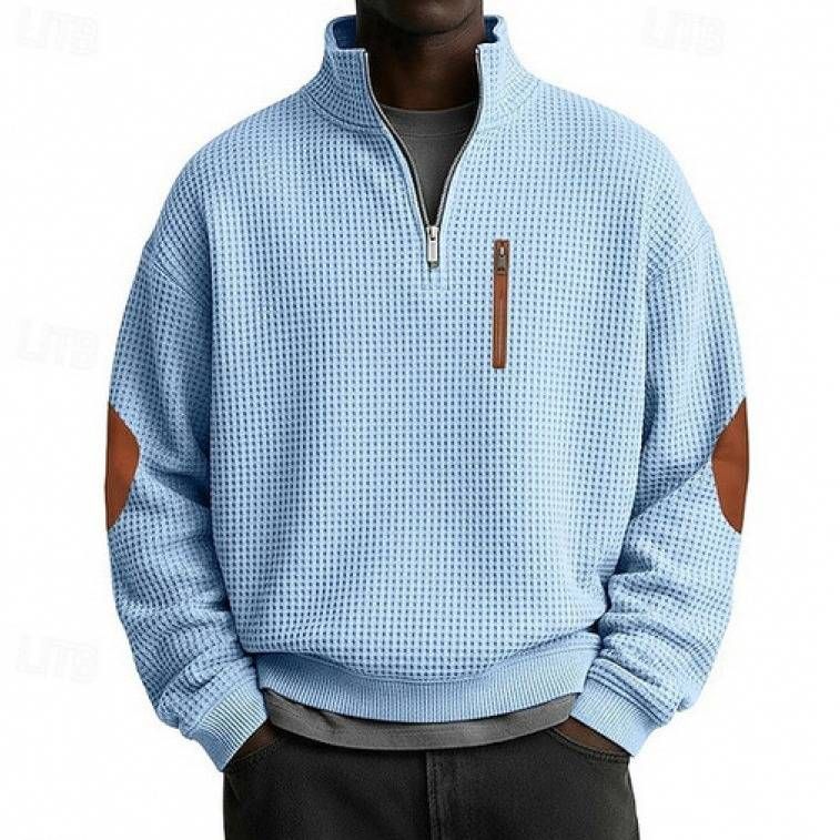 Men's Waffle-Knit Half-Zip Sweatshirt - Solid Color Stand Collar Pullover For Casual Fall/Winter Wear (S-XXXL)_viptrois.com