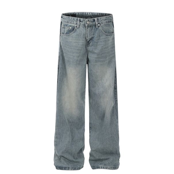 Side Ruched Wide-Leg Design Niche Jeans Men's American Style Trendy Loose Washed Vintage Casual Long Pants_viptrois.com