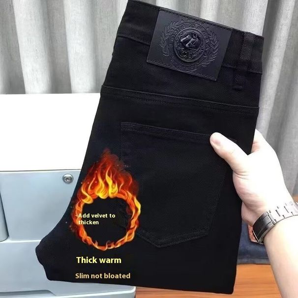 New high-end trendy black jeans for men in 2025 autumn winter, versatile stretchy slim fit with small feet and plush_viptrois.com