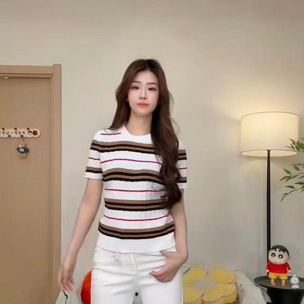 Spring, Summer, Autumn Knitted Ice Silk Short-sleeve Shirt, Slimming And Versatile, New T-shirt, Half-sleeve Top,_viptrois.com