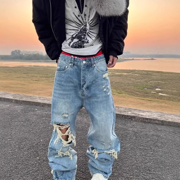 Men's Clothing Street Washed Distressed Ripped Jeans Men's Spring And Summer New Loose Straight Wide Leg Mopping Trousers_viptrois.com