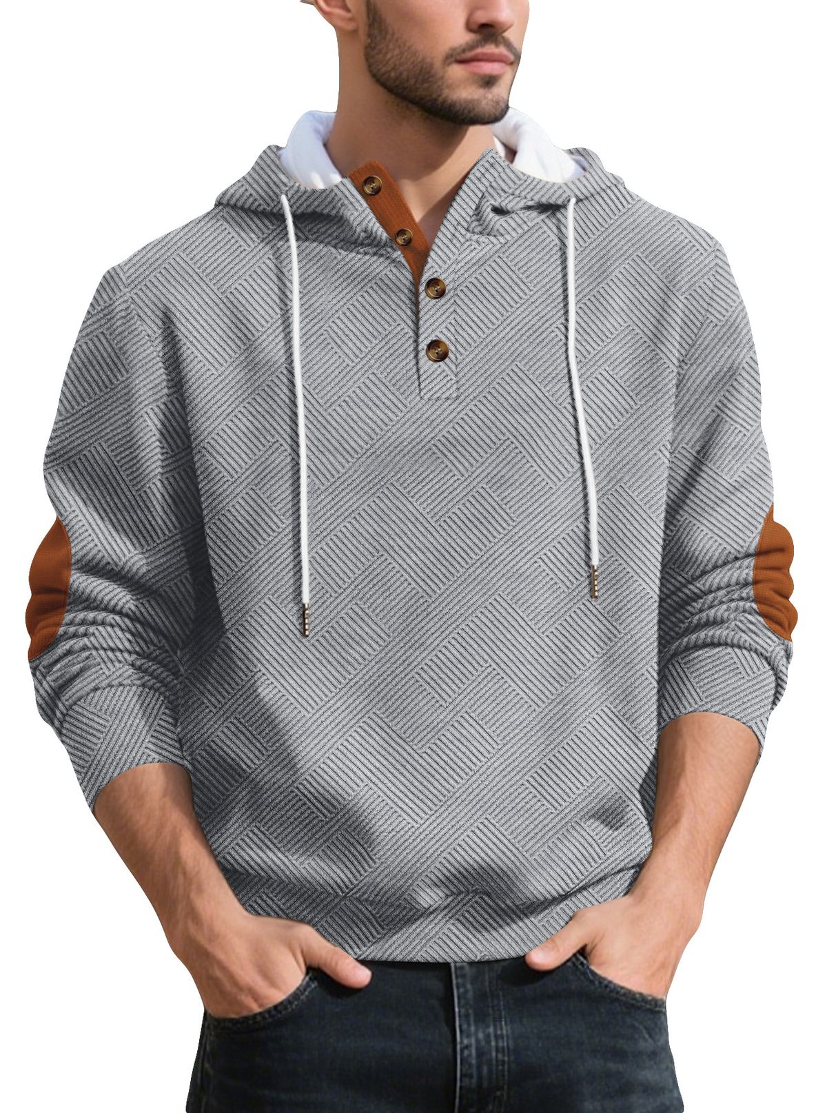 Men's Oversized Hooded Sweatshirt – Minimalist Jacquard Pullover With Drop Shoulder (S-XXXL, Black/Heather Grey/Olive)_viptrois.com