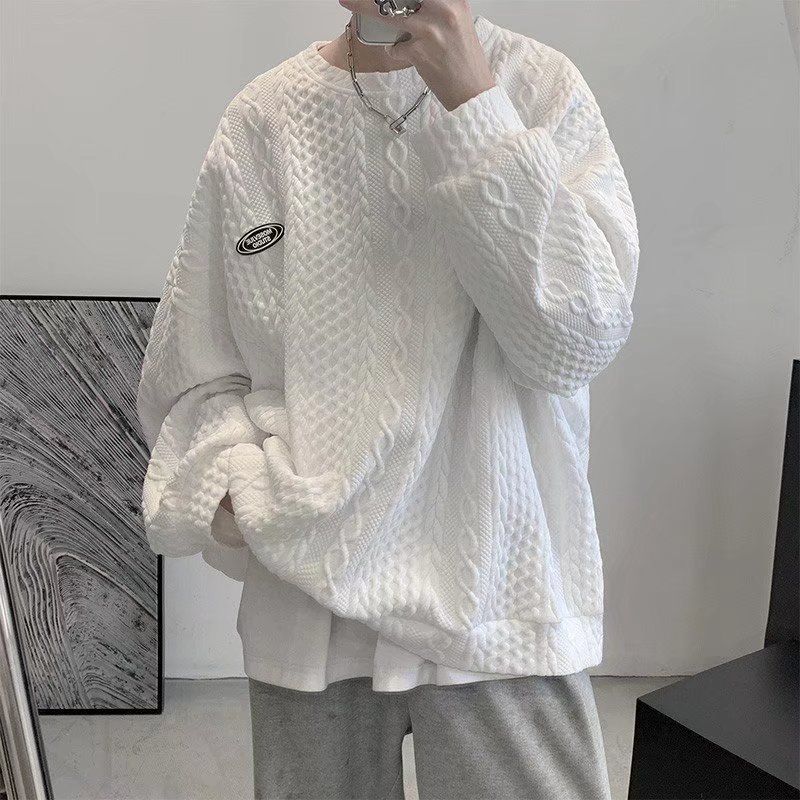 Men's Waffle-Knit Streetwear Sweatshirt - Oversized Pullover With Graphic Print (Black/White/Gray, M-XXXL)_viptrois.com
