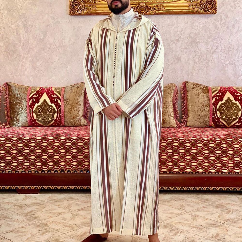 Eid Muslim Men Jubba Thobe Long Robe Saudi Islamic Striped Abaya Caftan Islam Dubai Arab 2024 Summer Morocco Jalabiya_viptrois.com