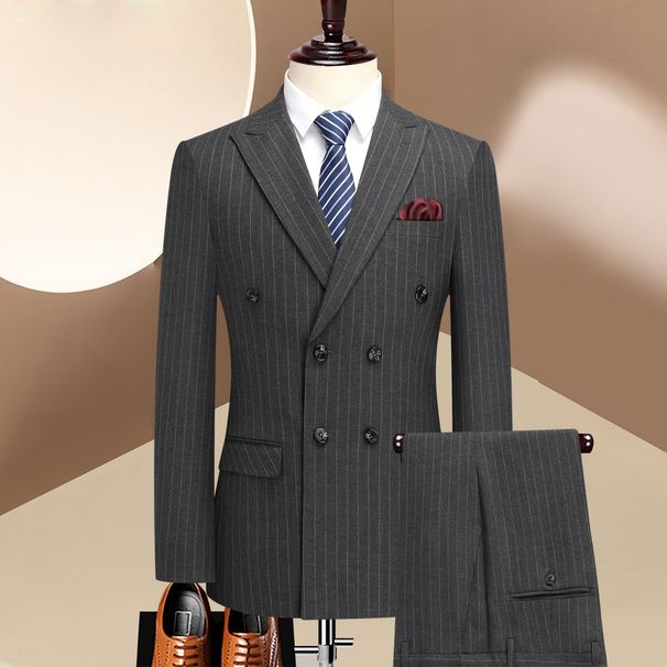 Men's Casual Regular Business Gentleman Striped Suit Groom Best Man Wedding Banquet Professional Three-piece Suit + Waistcoat + Trousers_viptrois.com