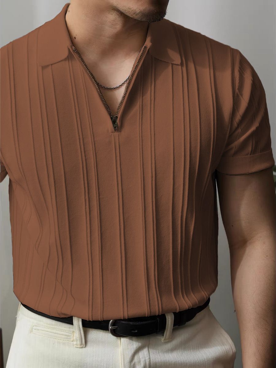 Men's Clothing Zipper Striped Knitted Short Sleeved Polo Shirt For Men, Slim Fit Top, High End Commuting Wear, T Shirt Bottoming_viptrois.com