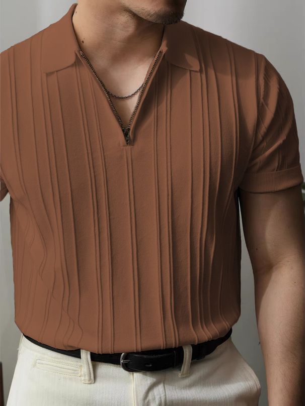 Men's Clothing Zipper Striped Knitted Short Sleeved Polo Shirt For Men, Slim Fit Top, High End Commuting Wear, T Shirt Bottoming_viptrois.com