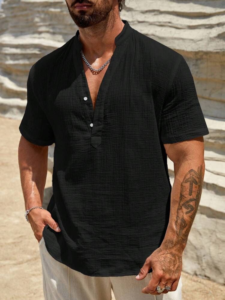 Men's Clothing Single Layer Breathable Stand Up Collar Short Sleeved Shirt Fashion Simple Solid Color Shirt_viptrois.com