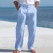 Men's Clothing Cotton And Linen Pants Button Decoration Drawstring Summer Beach Pants Straight Solid Color Comfortable Breathable Trousers_viptrois.com