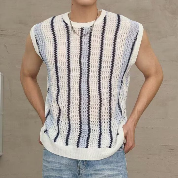 Summer New Knitted Vest Men's Hollow European And American Striped Ice Silk Breathable Vest T Shirt Trendy Foreign Trade Cross Border Wholesale_viptrois.com