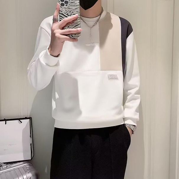 Men's Clothing Men's Casual Long Sleeve T-Shirt With Color Block Design - Comfortable Round Neck Pullover For Everyday Wear_viptrois.com