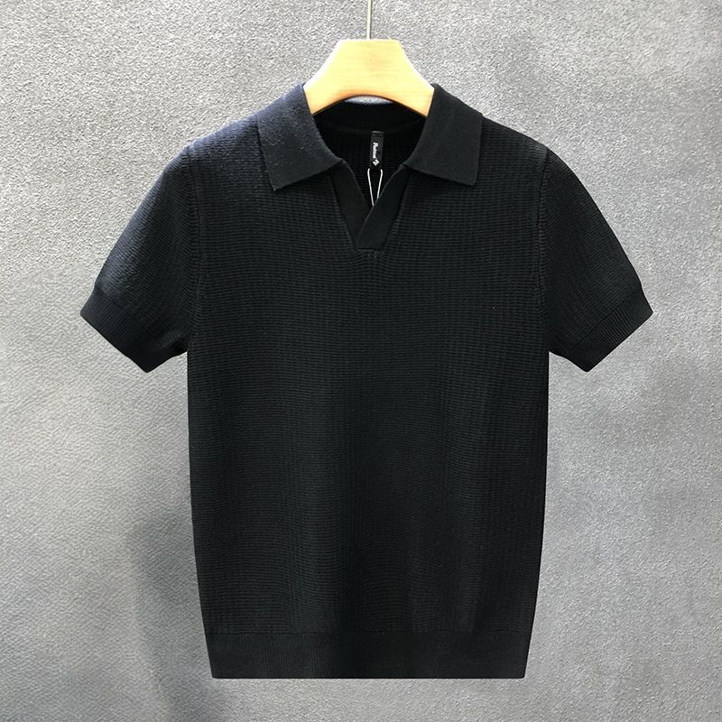 Men's Short Sleeved Polo Shirt Summer Thin Knitted Collared T-Shirt High End Casual Textured Breathable Polo Top_viptrois.com