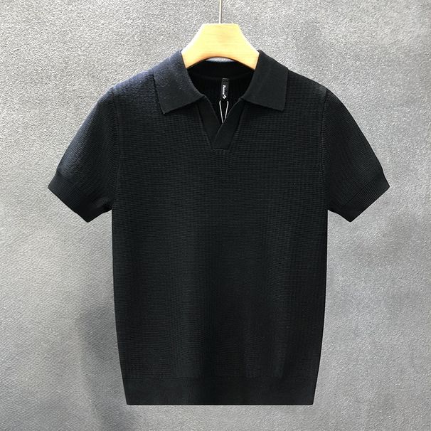 Men's Short Sleeved Polo Shirt Summer Thin Knitted Collared T-Shirt High End Casual Textured Breathable Polo Top_viptrois.com