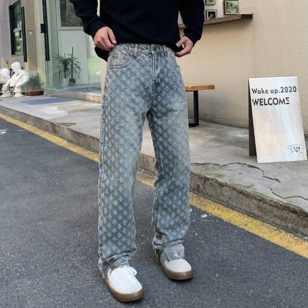 Men's Clothing Autumn Jacquard Full Print High Street Fashion Brand Design Jeans Loose Straight Washed Wide Leg Trousers_viptrois.com
