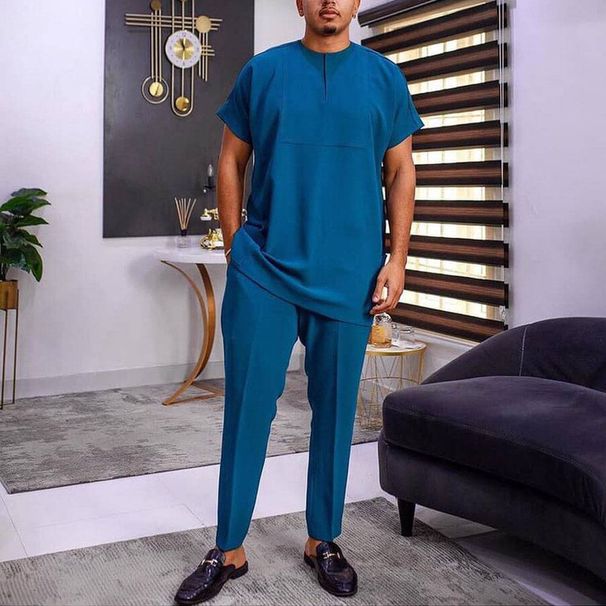 Men's Clothing African Ethnic Style Pure Color Simple Leisure Home Travel Suit_viptrois.com