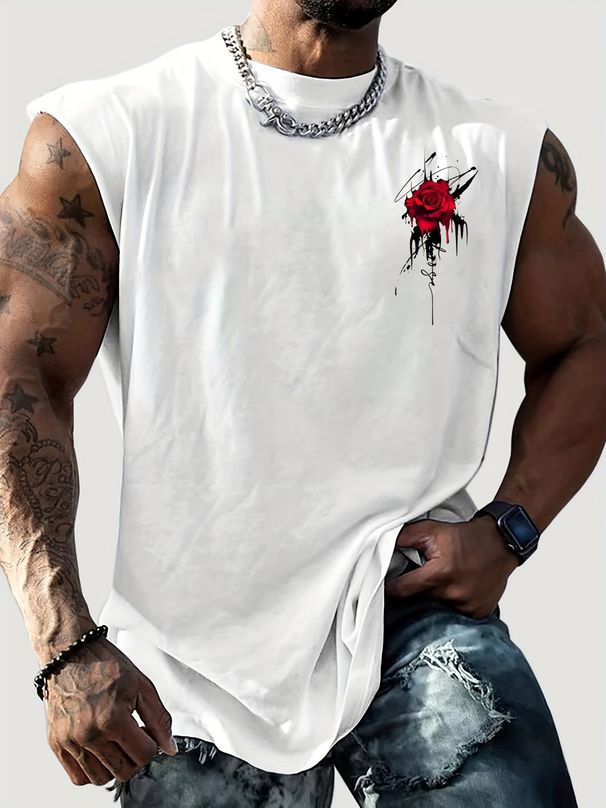 100% Pure Cotton Men's Summer Casual Sports Fitness Loose Rose Pattern Printed Breathable Round Neck Sleeveless Vest_viptrois.com