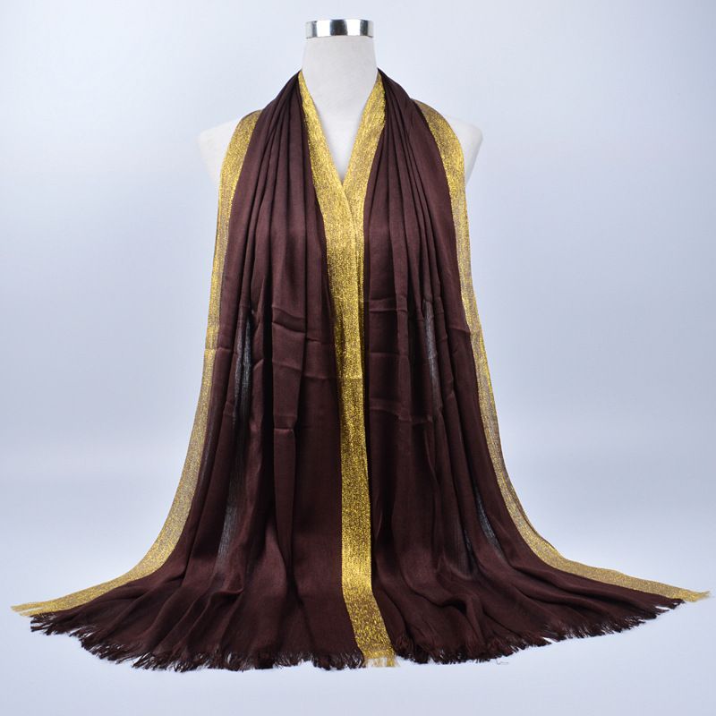 Muslim headscarf Women's Cotton Gold Silk Scarf Monochrome Tassel Silk Scarf Muslim Bun Head Long Scarf Multi-functional_viptrois.com