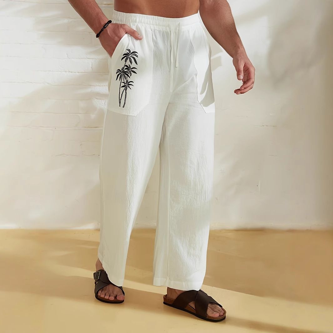 Men's Clothing New Comfortable Casual Loose Wide Leg Pants Beach Style Printed Solid Color Trousers For Men_viptrois.com