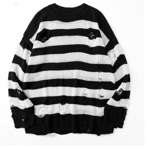 Men's Clothing Jacquard Hole Hollow Round Neck Sweater Men's Street Loose Long Sleeved Knitted Pullover Sweater_viptrois.com