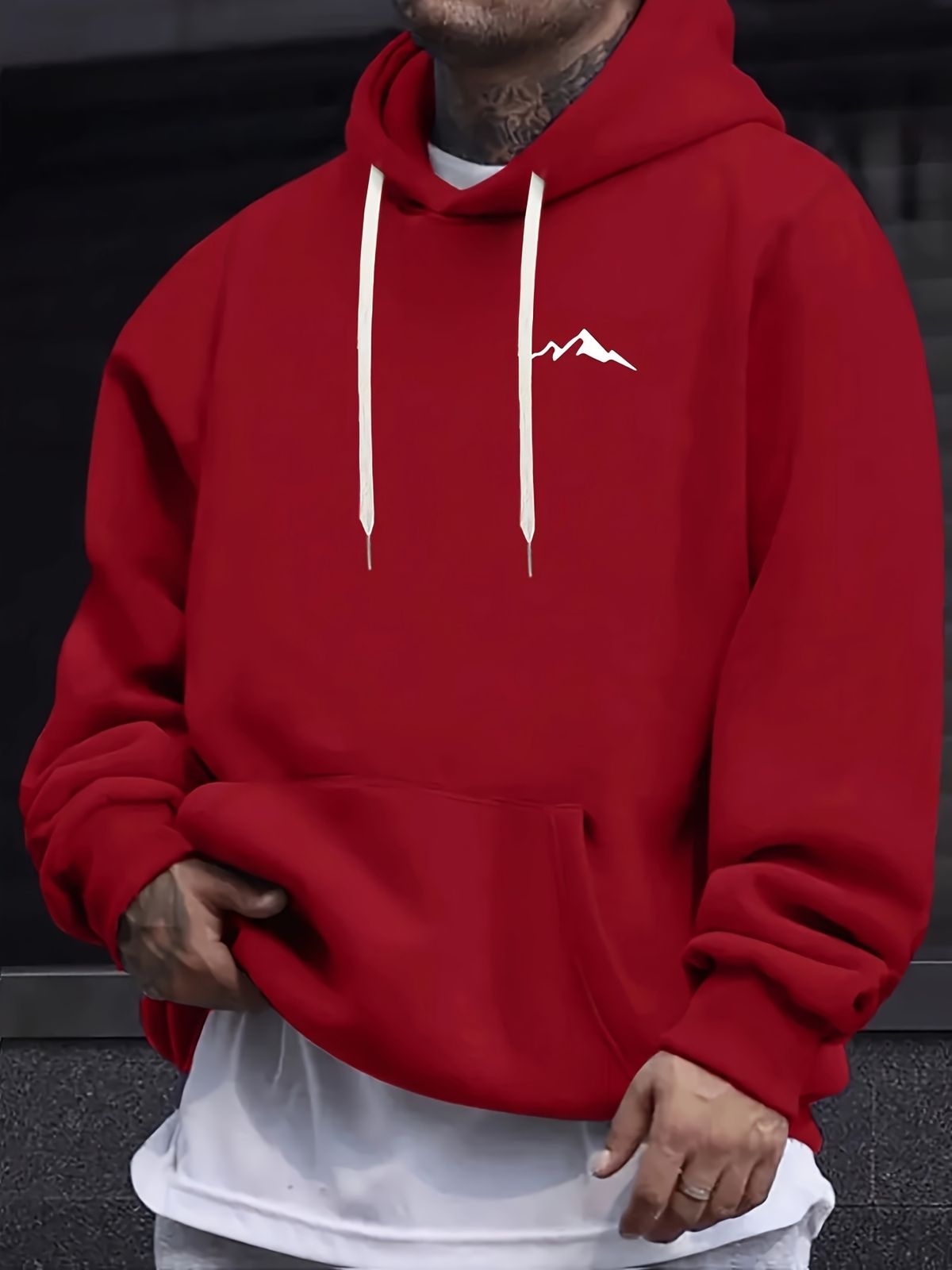 Men's Autumn And Winter Casual Fashion Loose Hooded Sweatshirt Mountain Print Warm Long Sleeved Pullover_viptrois.com