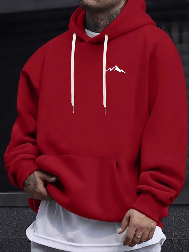 Men's Autumn And Winter Casual Fashion Loose Hooded Sweatshirt Mountain Print Warm Long Sleeved Pullover_viptrois.com